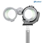 Leofoto BC-01 Stativadapter verrekijker frontaanzicht op klem gemonteerd op monopod