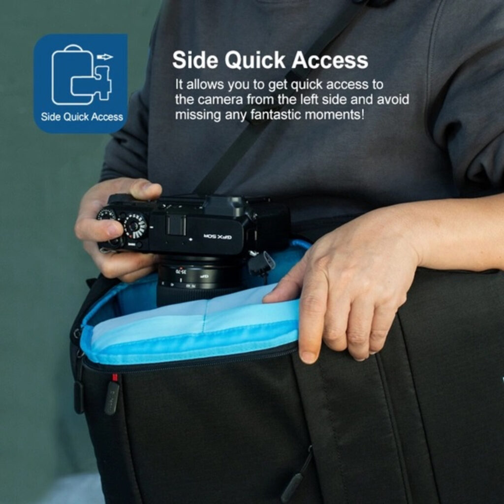 Dulepro City Backpack B420 V2 black zijaanzicht in gebruik met cameratoegang via linkerpaneel