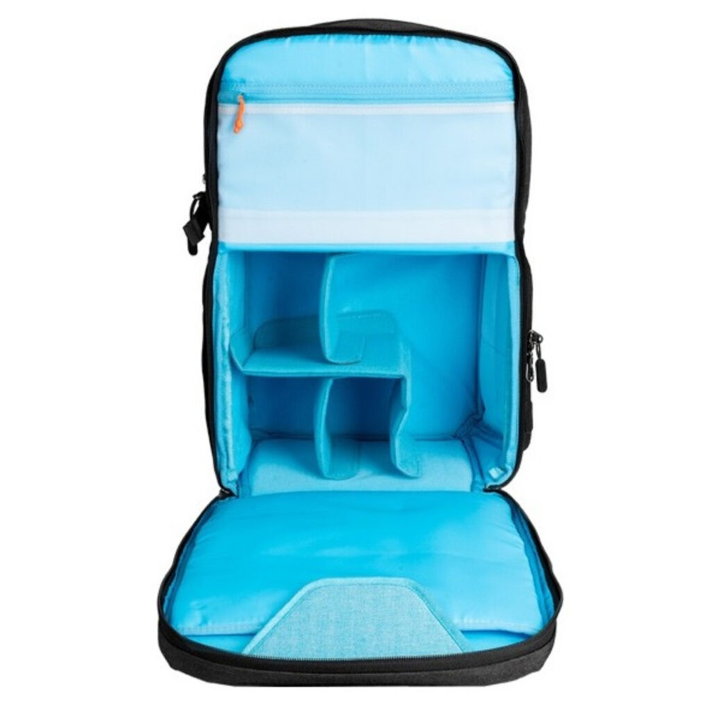 Dulepro City Backpack B420 V2 black volledig geopende rugzijde met overzicht camera- en laptoppakket