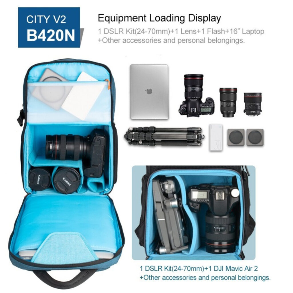 Dulepro City Backpack B420 V2 black bovenaanzicht met camera, drone en accessoires overzichtelijk gepositioneerd