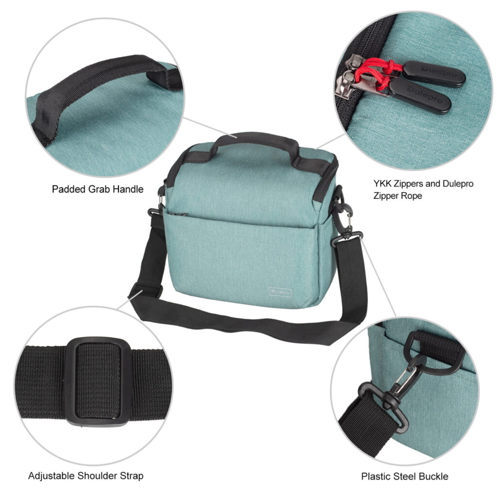 Dulepro Companion Shoulder Bag S22 light green zijaanzicht met detailweergaven van schouderriem en ritssluiting