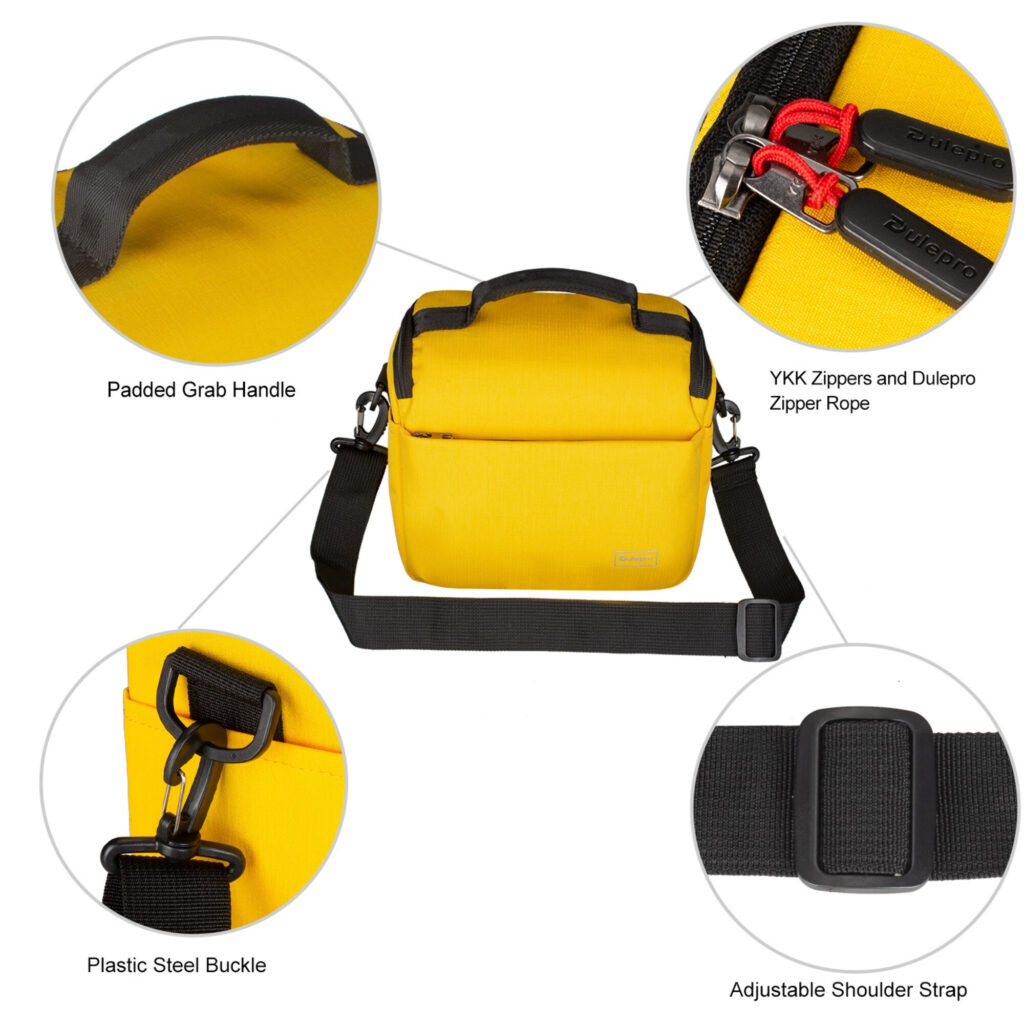Dulepro Companion Shoulder Bag S22 geel eigenschappenweergave met draagriem, handgreep en detailshots