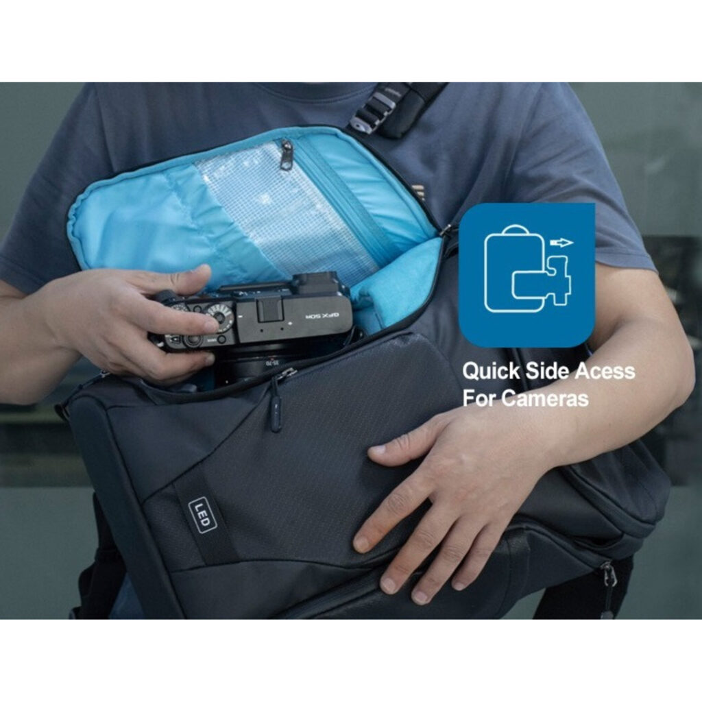 Dulepro Explorer Backpack B410N in gebruik met snelle zijtoegang tot camera