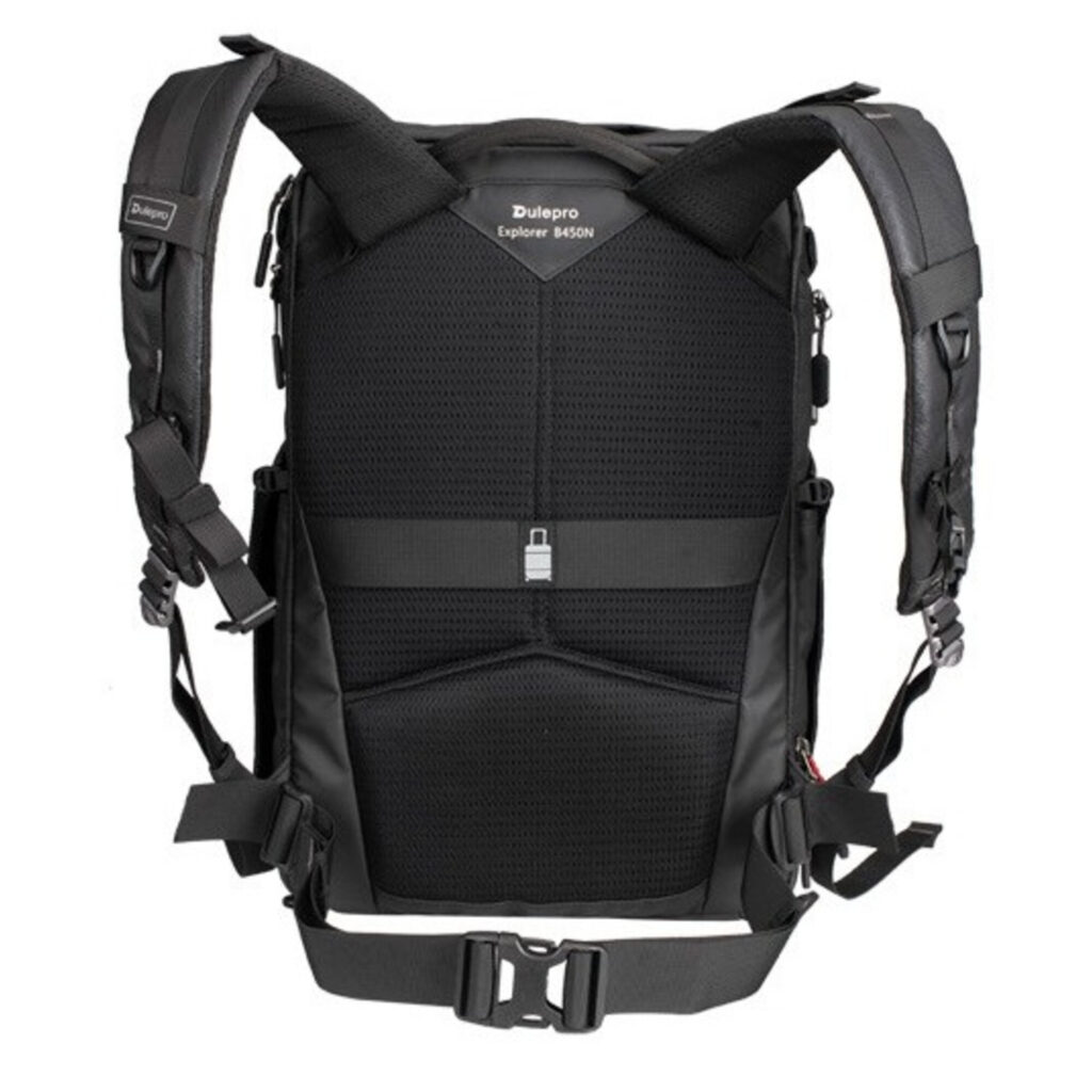 Dulepro Explorer Backpack B450N achterkant met borstgesp, gewatteerde draagriemen en heupriem