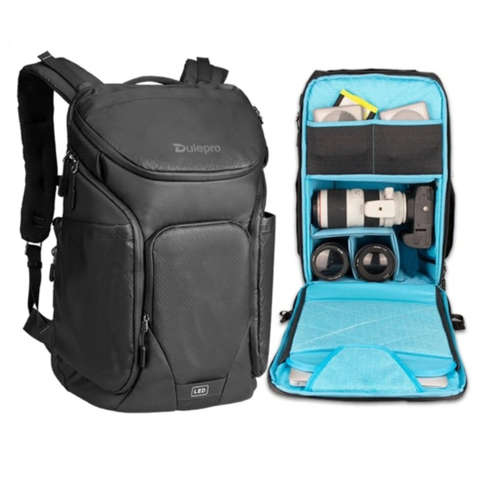 Dulepro Explorer Backpack B450N opengeklapte rugzak met camera-indeling en bovencompartiment voor drone