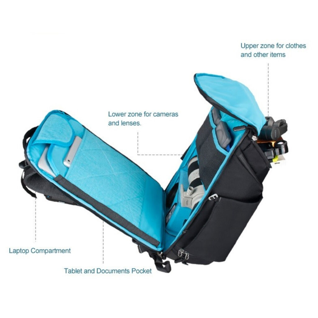 Dulepro Explorer Backpack B450N binnenkantdetails van blauwe dempende binnenvoering met indeling