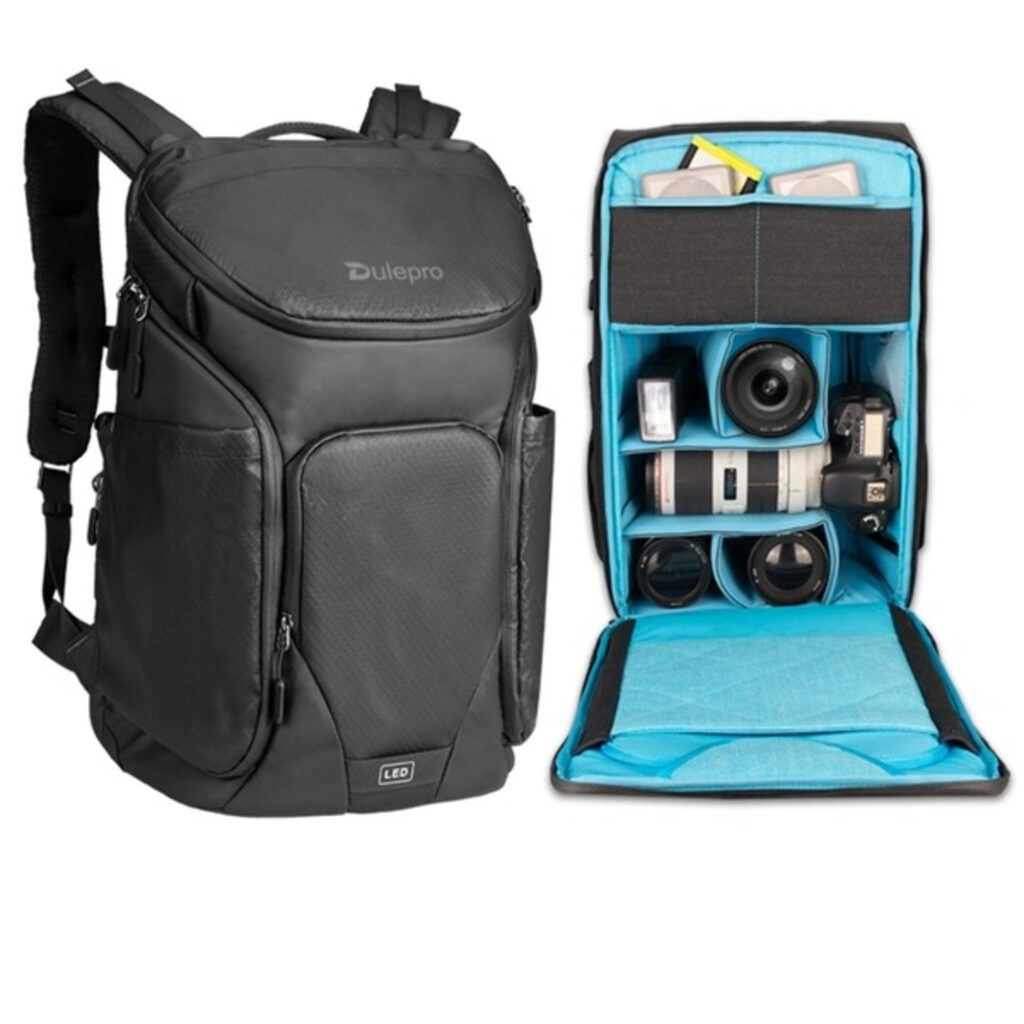 Dulepro Explorer Backpack B480N volledige opengeklapte backpanel met gevulde camera-uitrusting