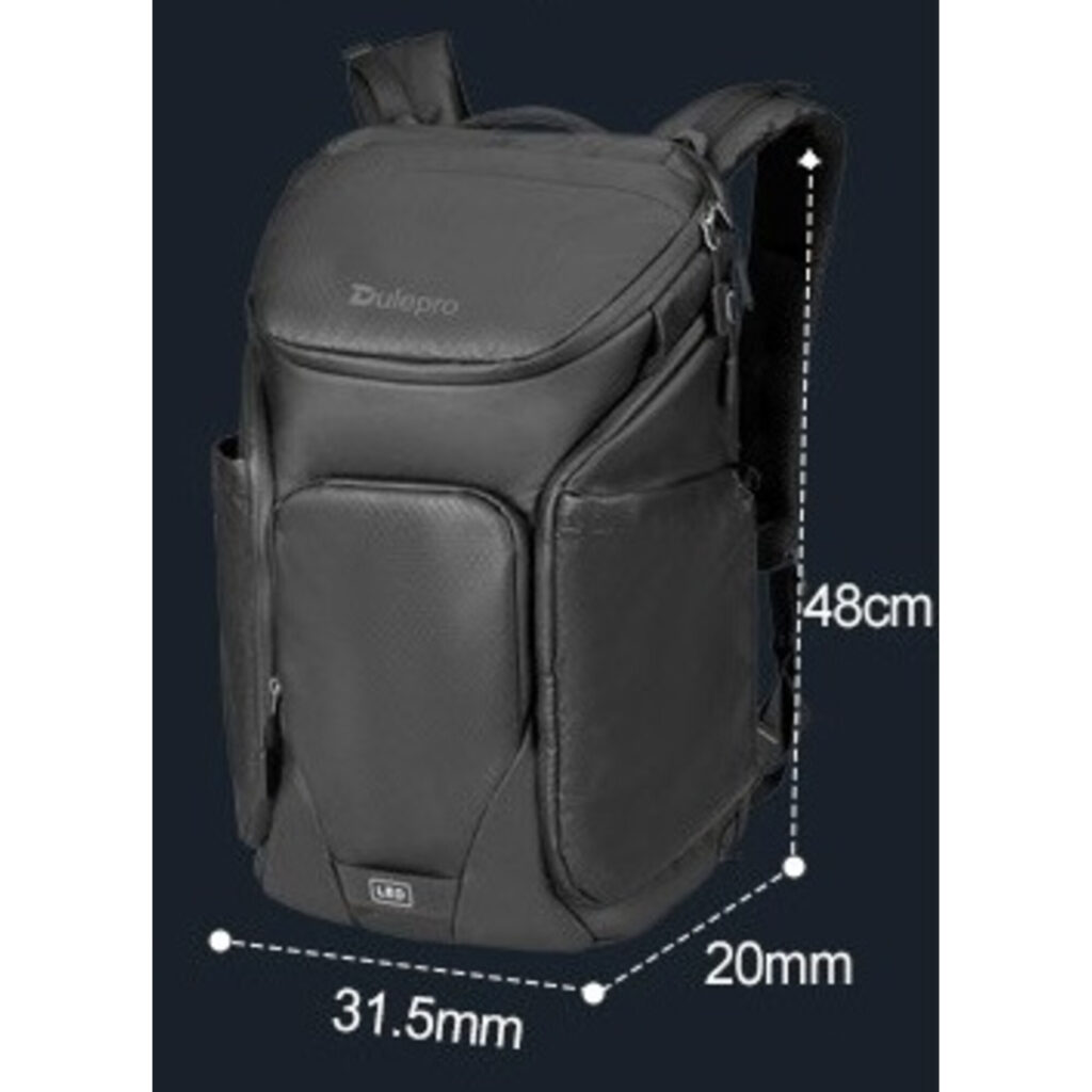 Dulepro Explorer Backpack B480N opengeklapt zijaanzicht met volledige vakverdeling en labels
