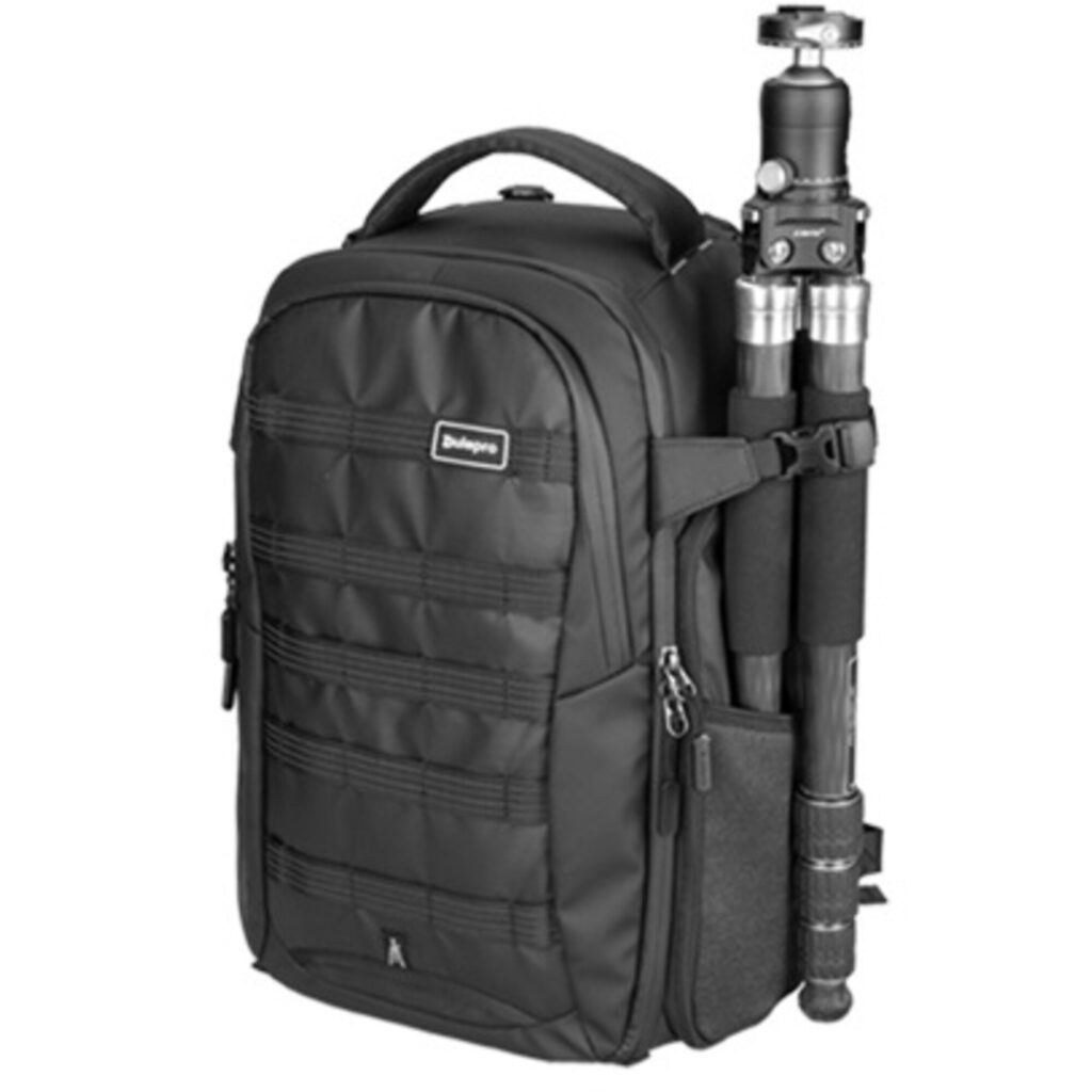 Dulepro Pioneer Pro Backpack B420N opgevouwen zijkant met bevestigd statief