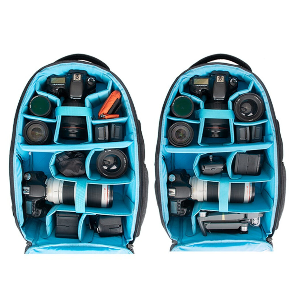 Dulepro Pioneer Pro Backpack B510N binnenzijde volledig geopend met blauwe HPS-EVA verdelers en uitgerust met foto- en droneapparatuur