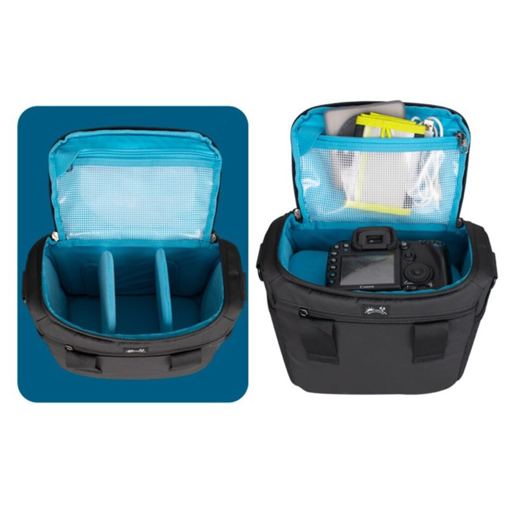 Dulepro Pioneer Shoulder Bag S22 overzicht met tas en fotoapparatuur waaronder lenzen en flitser