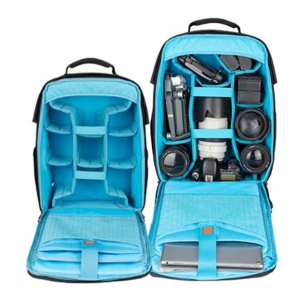 Dulepro Top Backpack B450N V2 bovenaanzicht geopend met blauwe indeling voor fotoapparatuur en accessoires