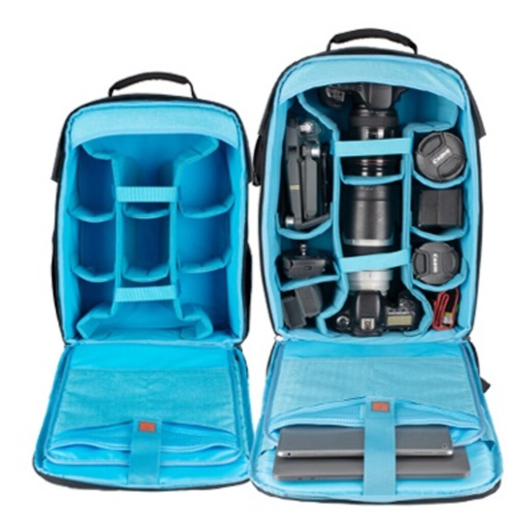 Dulepro Top Backpack B480N V2 binnenkant met twee blauwe modulaire indelingen voor camera-inhoud