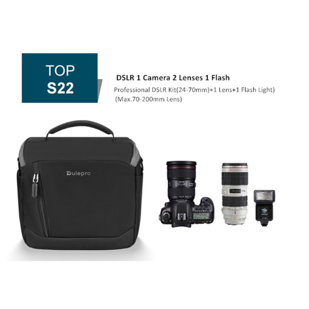 Dulepro Top Shoulder Bag S22 naast uitrusting met camera, lenzen, flitser weergegeven in studio