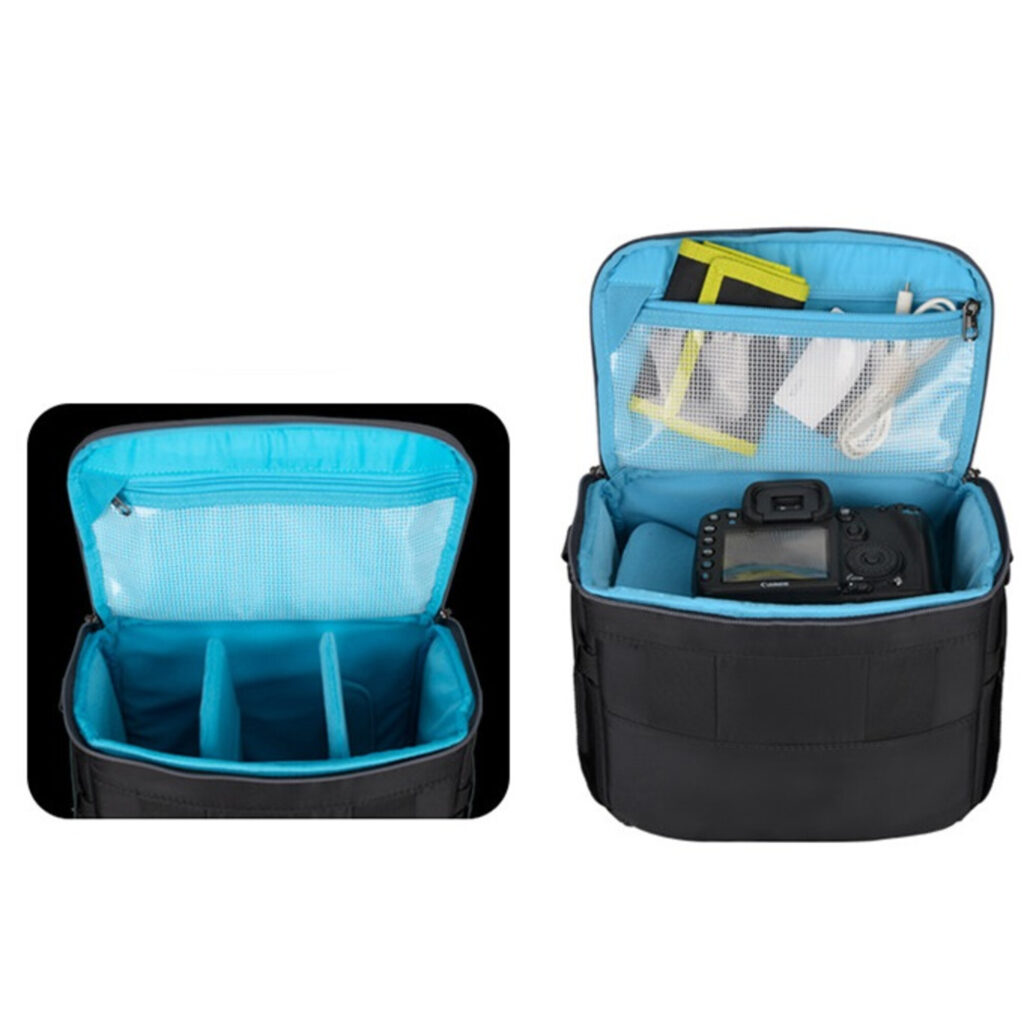 Dulepro Top Shoulder Bag S22 interieur overzicht met blauwe voering en vakindeling zonder inhoud