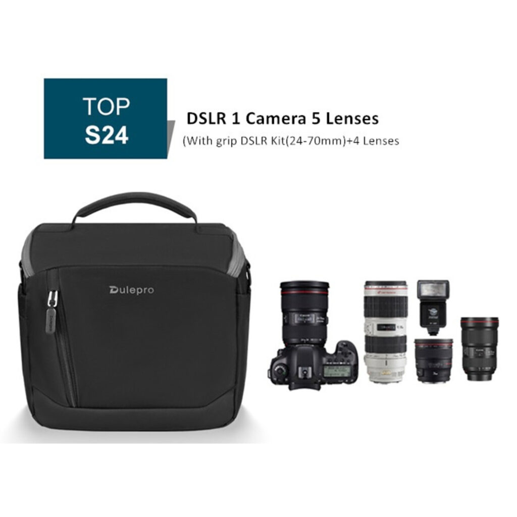 Dulepro Top Shoulder Bag S24 naast DSLR-camera met vijf lenzen zichtbaar als inhoudsvoorbeeld