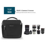 Dulepro Top Shoulder Bag S24 naast DSLR-camera met vijf lenzen zichtbaar als inhoudsvoorbeeld