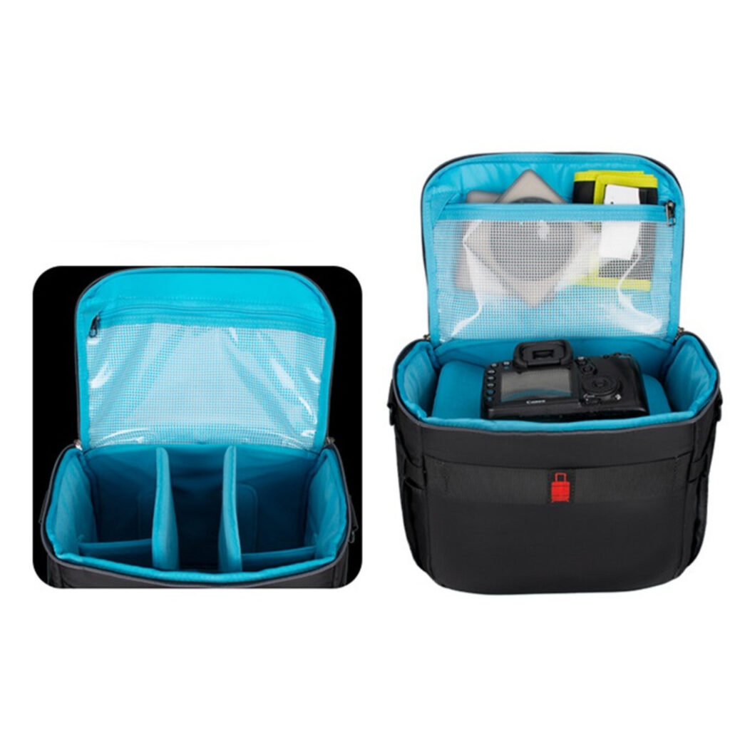 Dulepro Top Shoulder Bag S24 binnenzijde met camera en accessoires netjes opgeborgen in verdelers en meshvakken