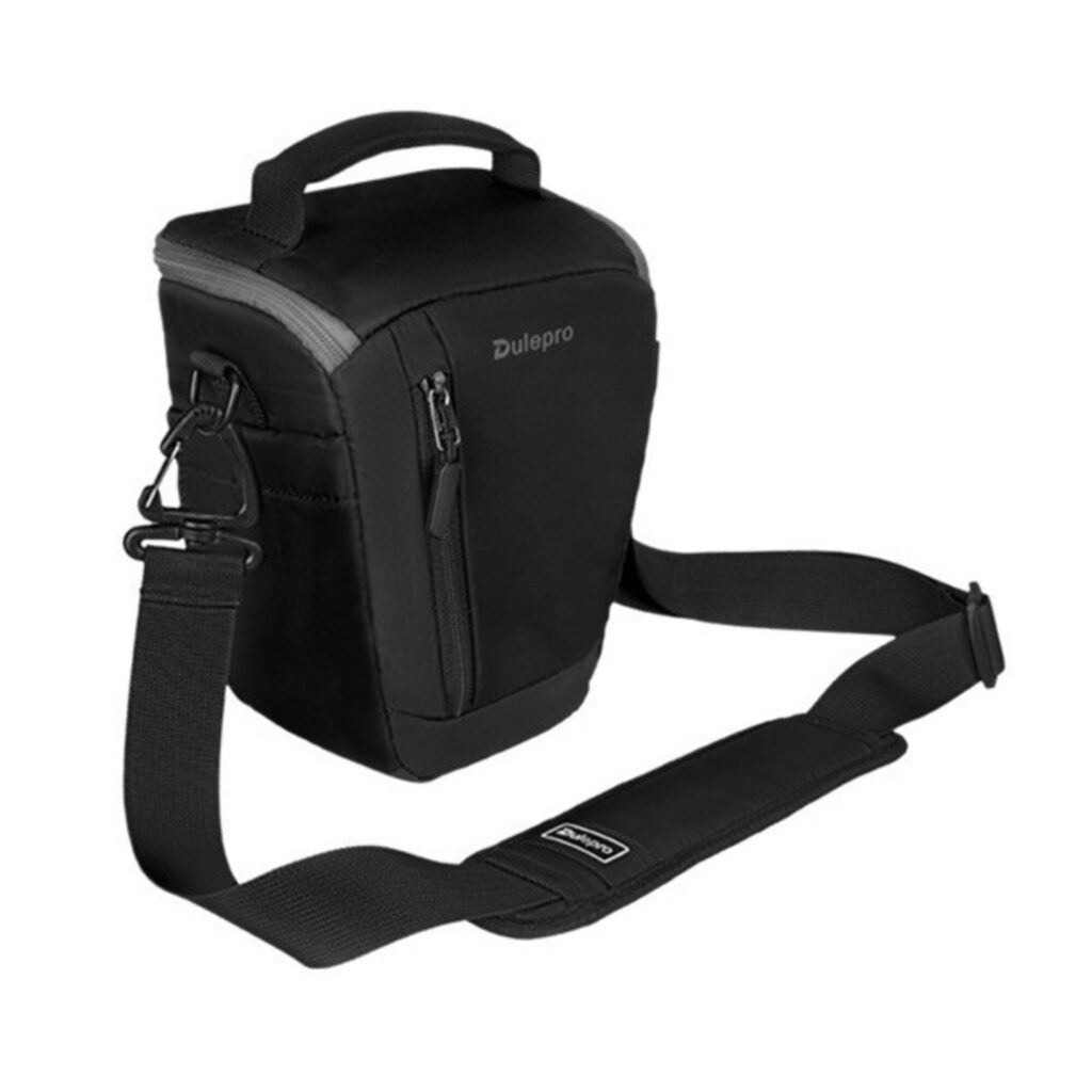 Dulepro Top Zoom Bag Z14 driekwart aanzicht met draagband en contrasterende rode ritstrekker