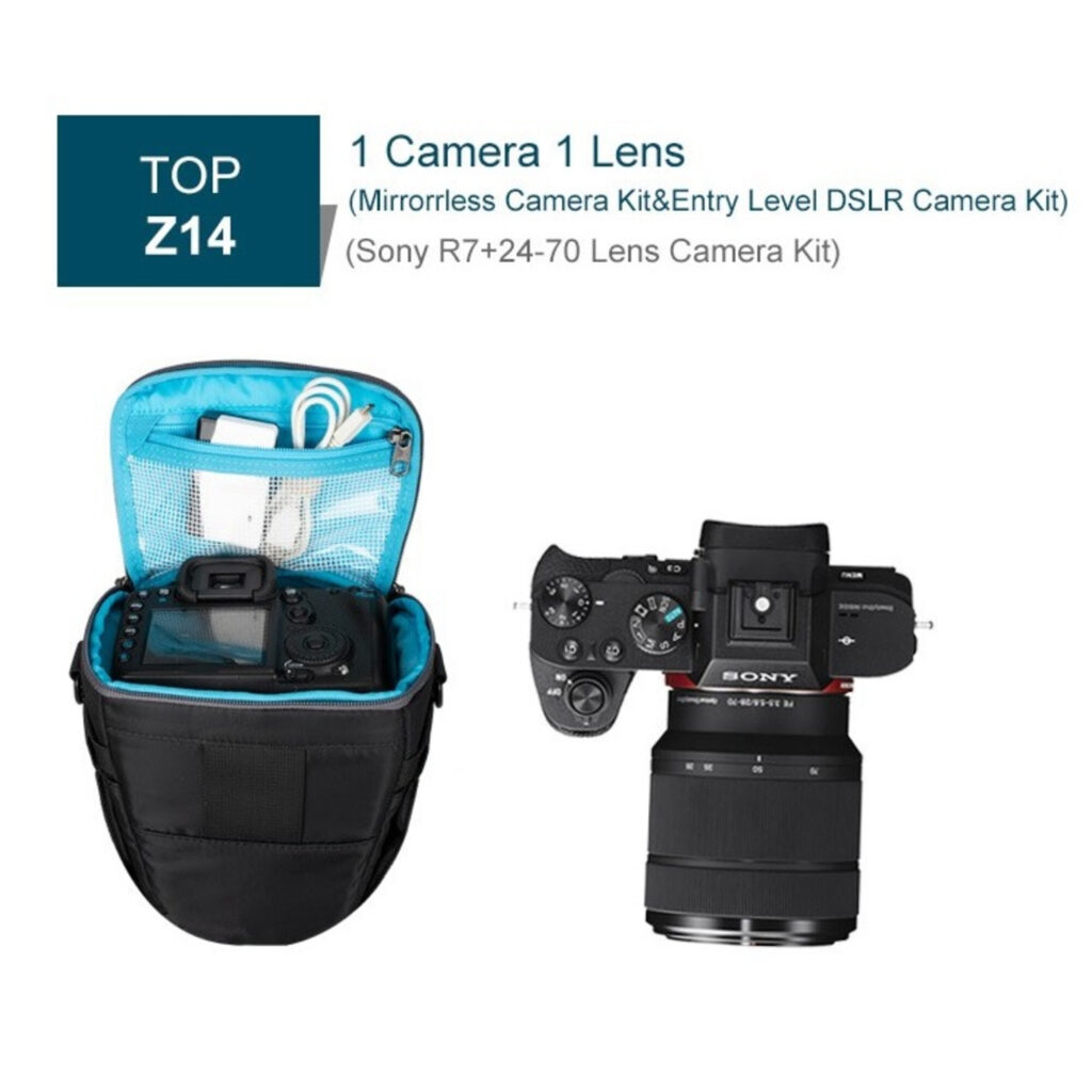 Dulepro Top Zoom Bag Z14 open binnenzijde met camera en compacte accessoires overzichtelijk opgeborgen in blauwe voering