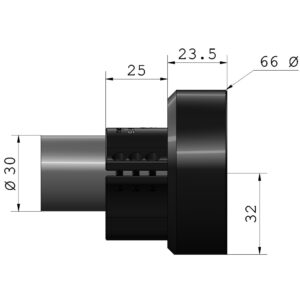 EP Arms Objectiefadapter 30mm RotoClip ZFHL Leica-Rail zijaanzicht met technische maatvoering van Ø30mm buis, 25mm klemmbreedte en 66mm buitendiameter.