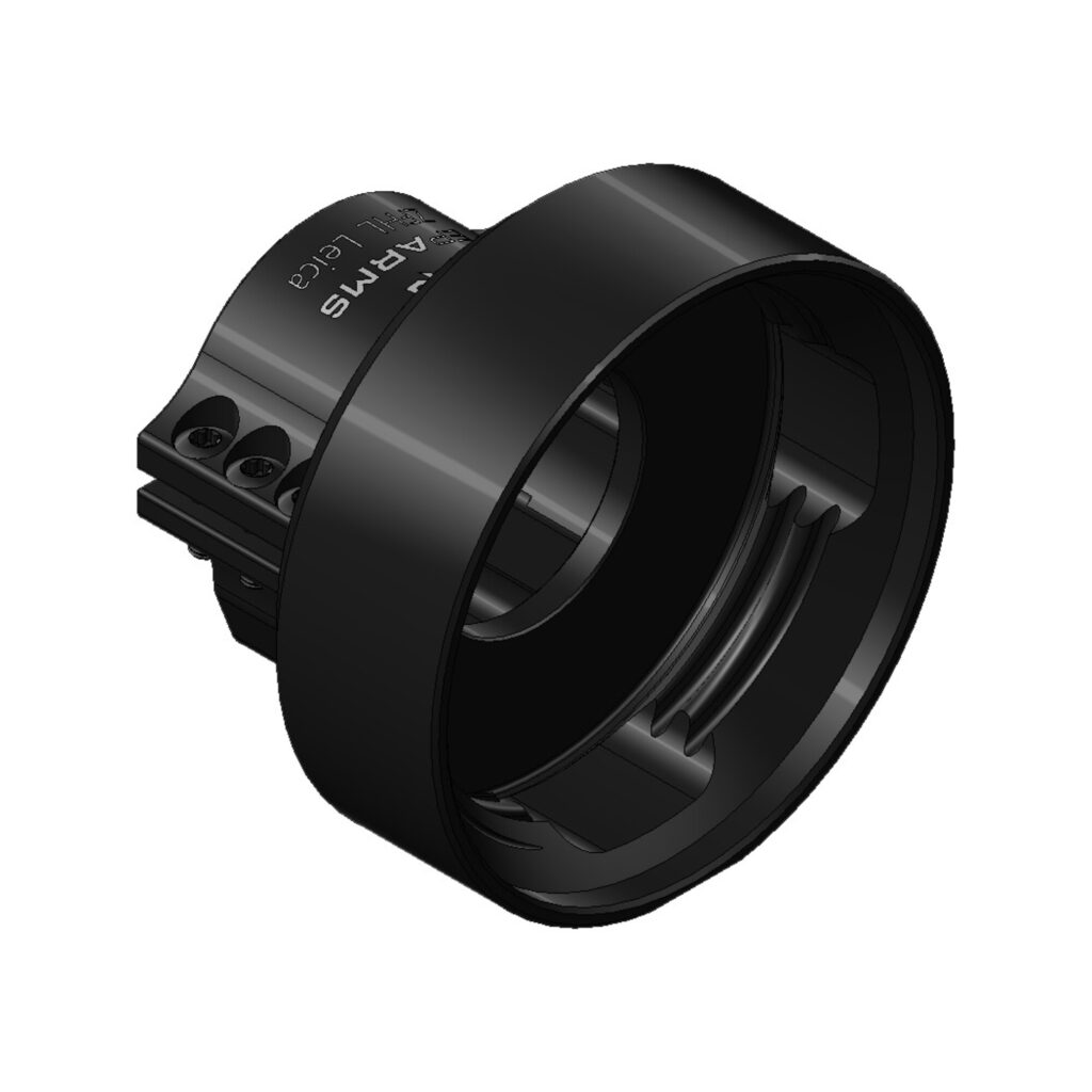 EP Arms Objectiefadapter 30mm RotoClip ZFHL Leica-Rail schuin vooraanzicht van zwarte matte modulaire klemmadapter met geïntegreerde Leica-railklem.