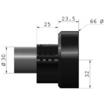 EP Arms Objectiefadapter 30mm RotoClip ZFHL Swarovski SR-Rail technisch zijaanzicht met maatvoering van Ø30mm buis, 25mm klemmbreedte en 66mm buitendiameter.
