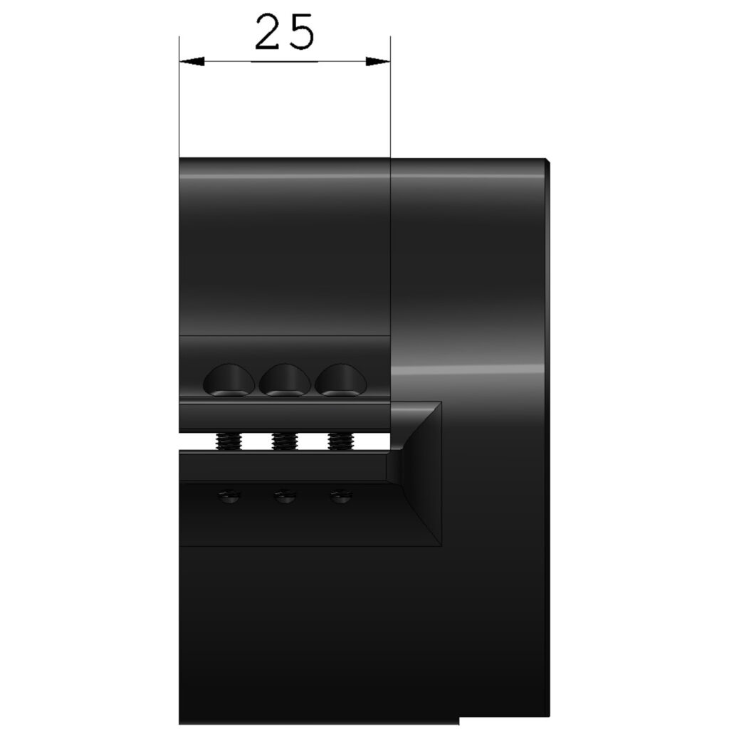 EP Arms Objectiefadapter 57mm close-up zijaanzicht van klemblok met drie schroeven en 25mm klembreedte aan het objectief.