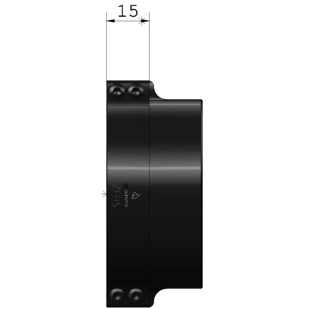 EP Arms Objectiefadapter 49mm zijaanzicht van smalle ZFHS-klemadapter met 15mm klembreedte en twee verzonken klem­schroeven aan de bovenzijde.