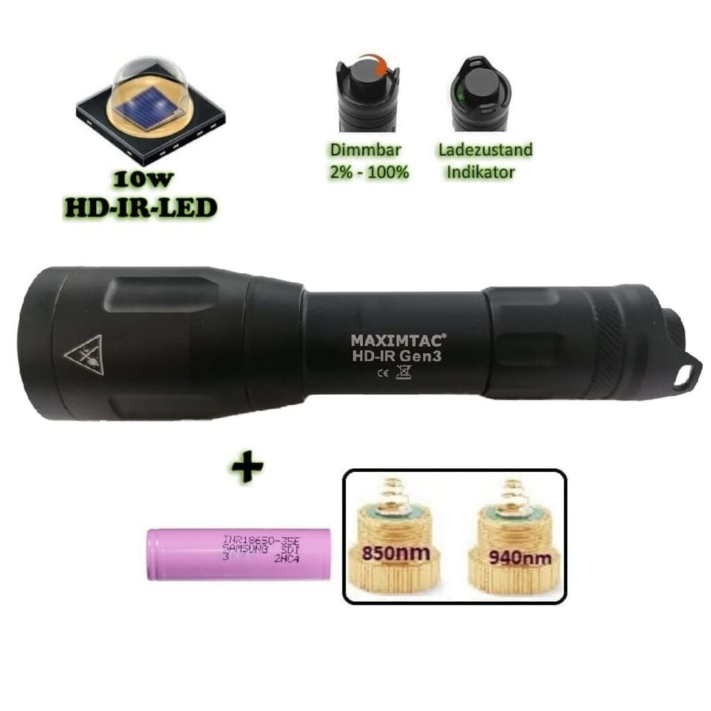Maximtac HD-IR Gen 3 IR-ophelder met 10W HD-IR LED en 18650 batterij