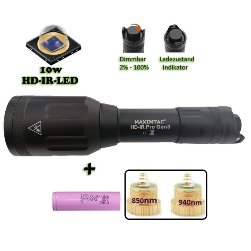 Maximtac HD-IR Pro Gen 3 IR-ophelder met 10W HD-IR LED en meegeleverde 18650 batterij