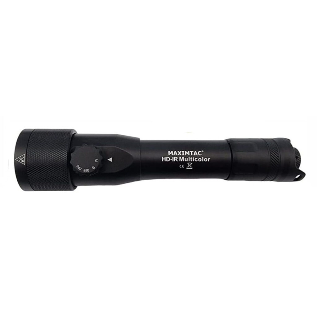 Maximtac HD-IR Multicolor + IR LED zijaanzicht met zwarte aluminium behuizing en bedieningsknop
