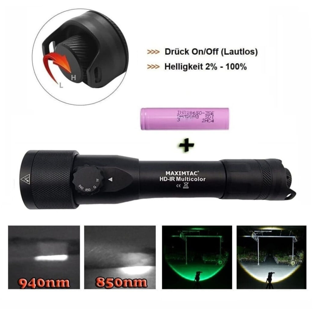 Maximtac HD-IR Multicolor + IR LED met 18650 batterij en helderheidsregeling 2% tot 100%