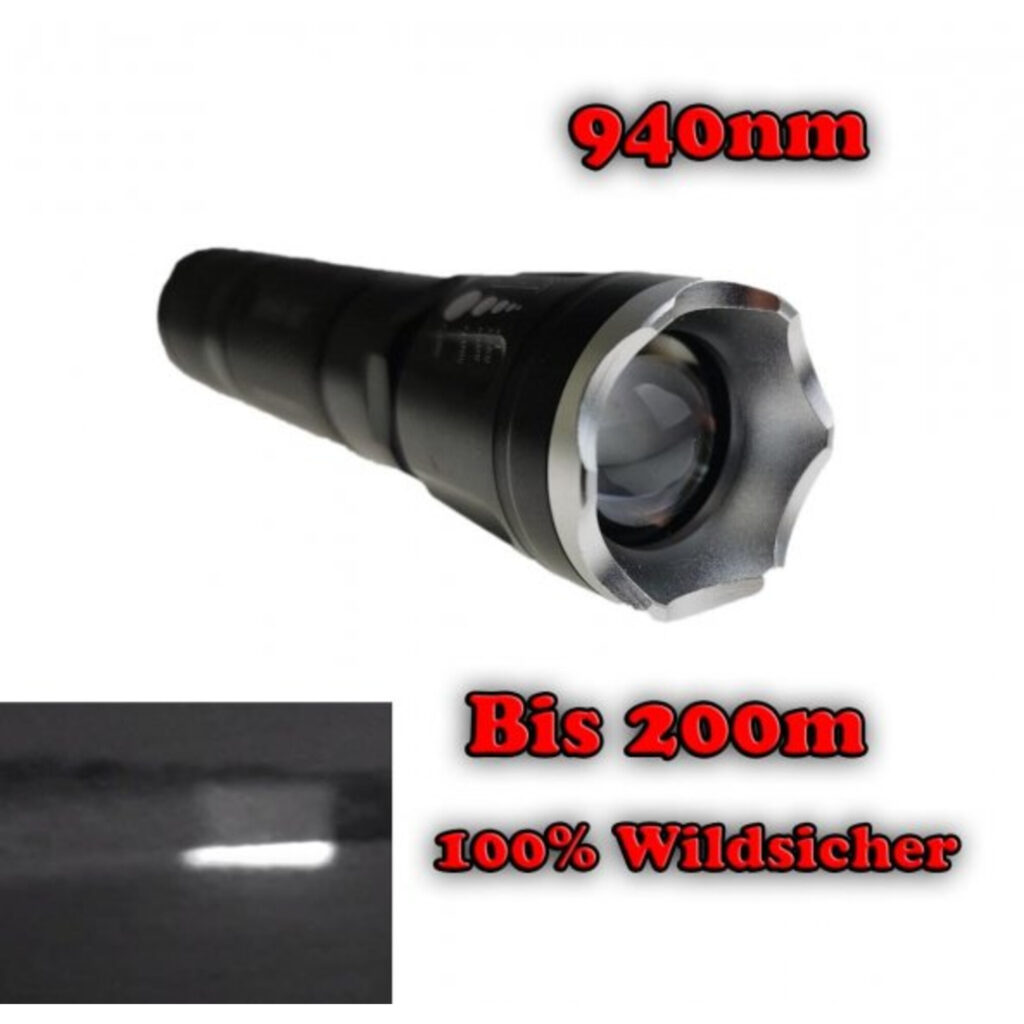 Maximtac IR-ophelder 940nm close-up van lens met aanduiding 940nm en bereik tot 200 meter