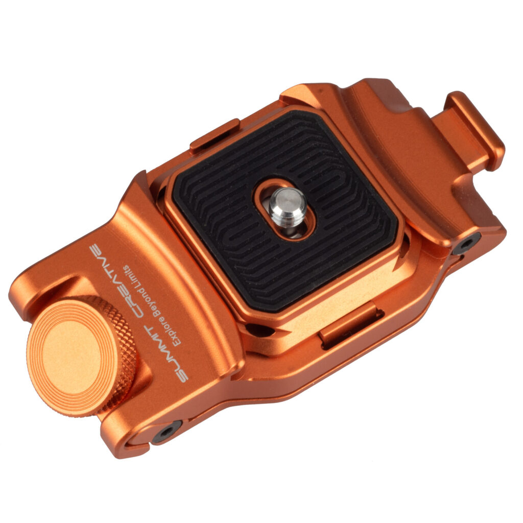 Summit-Creative Speedyclip Orange cameraclip bovenaanzicht met snelkoppelingsplaat