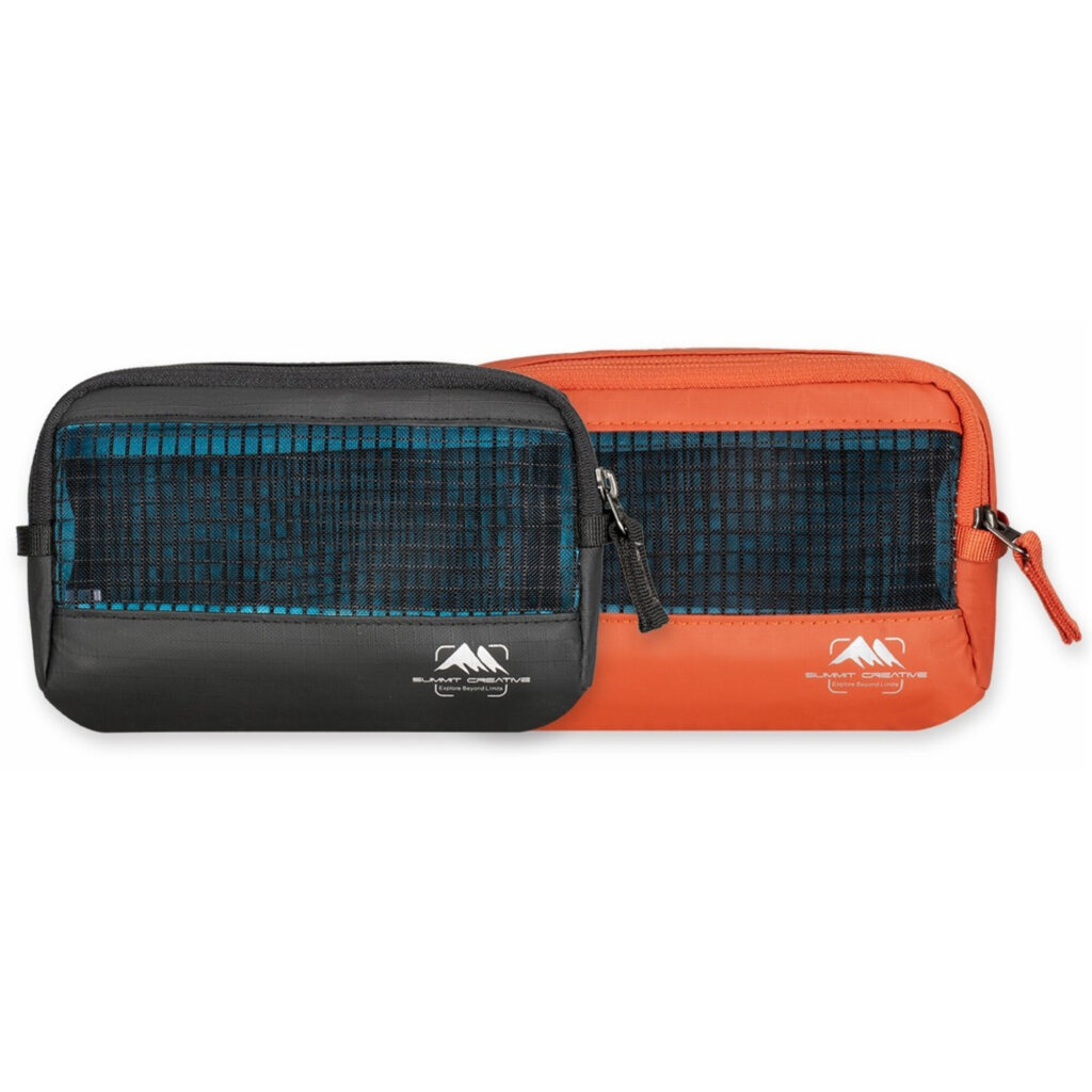 Summit-Creative Storage Bag 1L zwart en oranje variant naast elkaar met netstructuur en ritssluiting