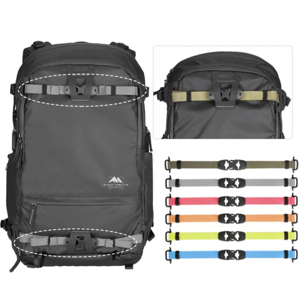 Summit-Creative Tenzing FStrap toepassing op rugzak met bevestigingspunten en kleurvarianten in beeld