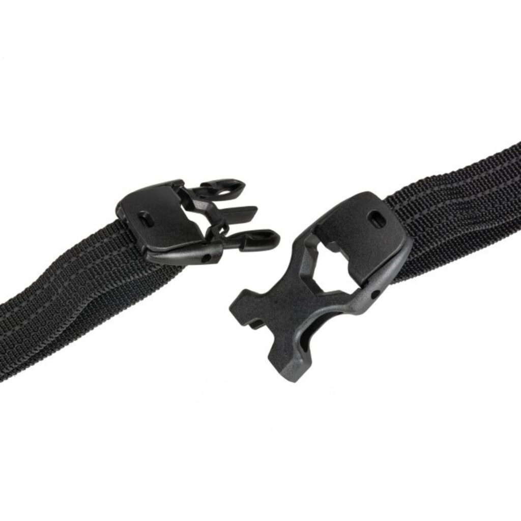 Summit-Creative Tenzing FStrap zwart-reflecterend detail van geopende middenclip met snelontgrendelingssysteem