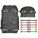 Summit-Creative Tenzing FStrap demonstratie op rugzak met verschillende kleurenconfiguraties en bevestigingsmogelijkheden