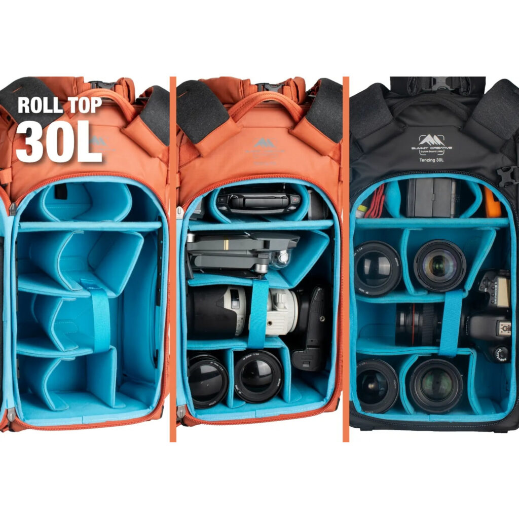 Summit-Creative Tenzing Rolltop Backpack weergave van interne 30L cameraverdeling en lensopslag
