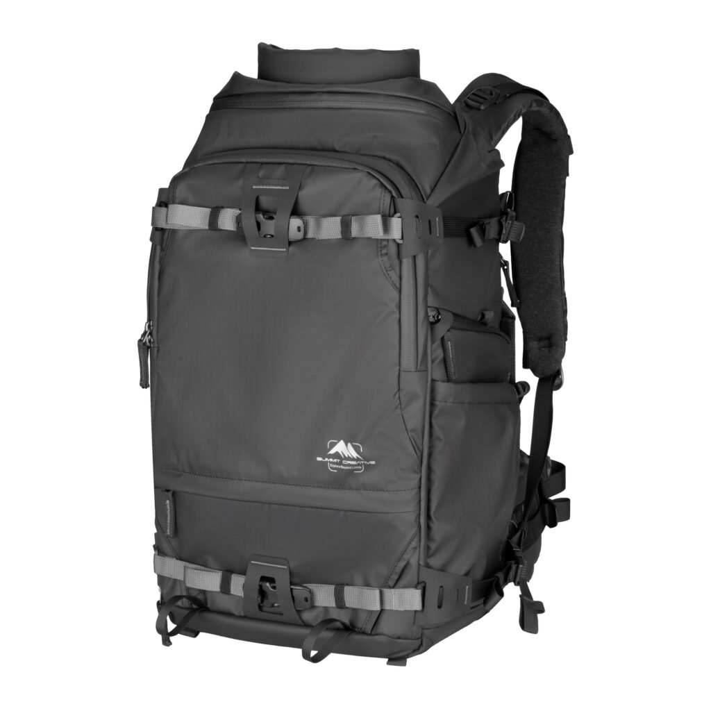 Summit-Creative Tenzing Rolltop Backpack linkerzijaanzicht met zijvak en bevestigingslussen