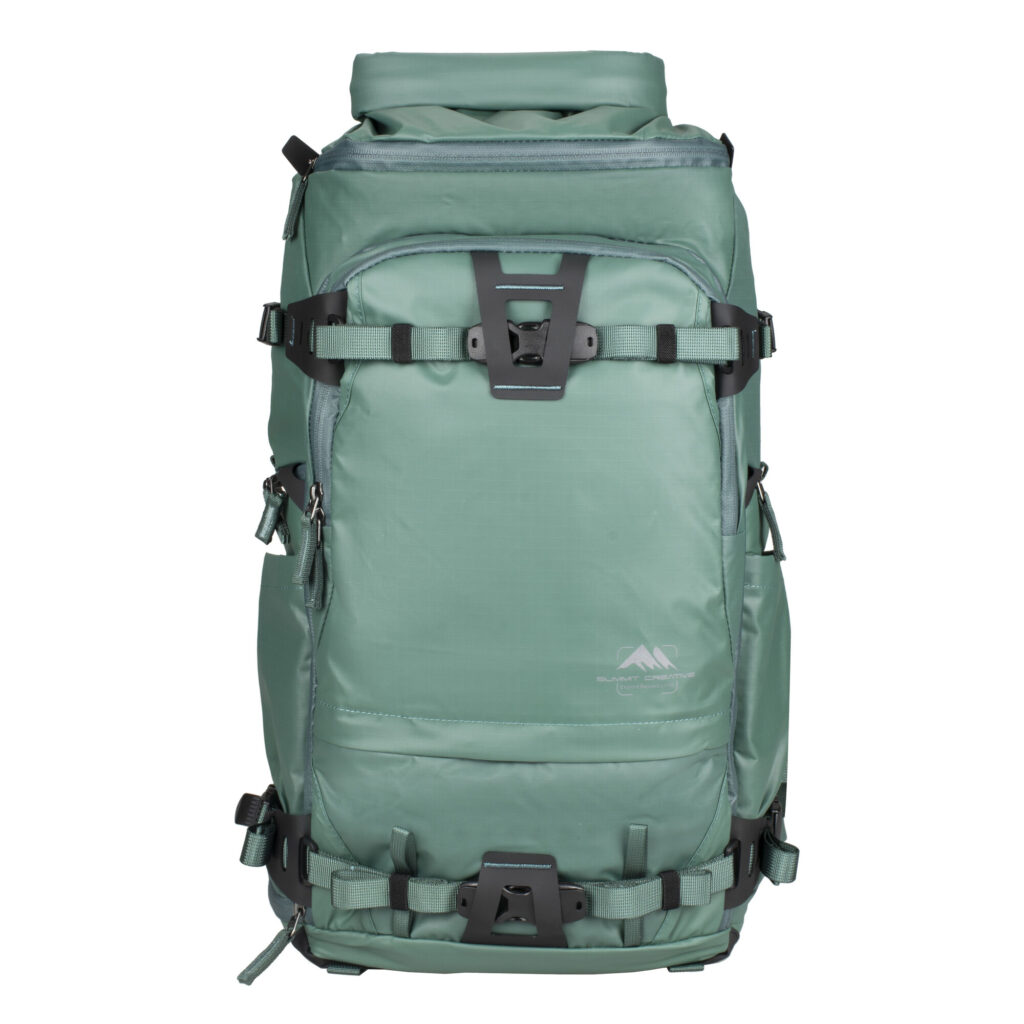 Summit-Creative Tenzing Rolltop Backpack groen vooraanzicht met rolltop en compressieriemen