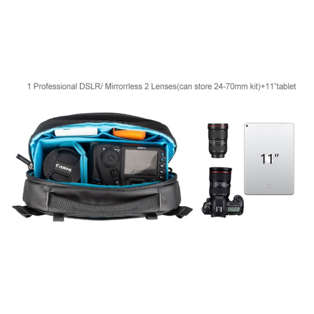 Summit-Creative Tenzing Shoulder Bag interieur met camera, lenzen en 11 inch tablet