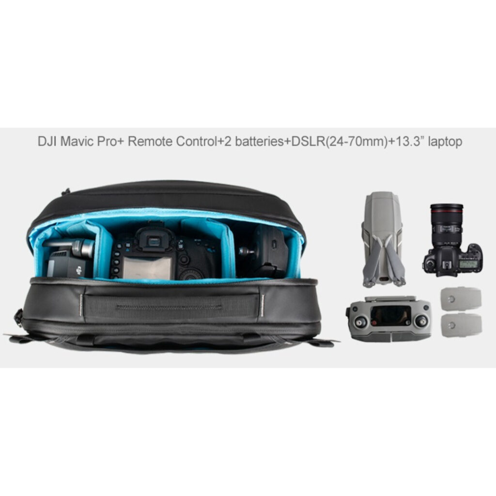 Summit-Creative Tenzing Shoulder Bag volledig gevuld met DJI drone-uitrusting en laptop
