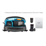 Summit-Creative Tenzing Shoulder Bag interieur met camera, lenzen en 11 inch tablet