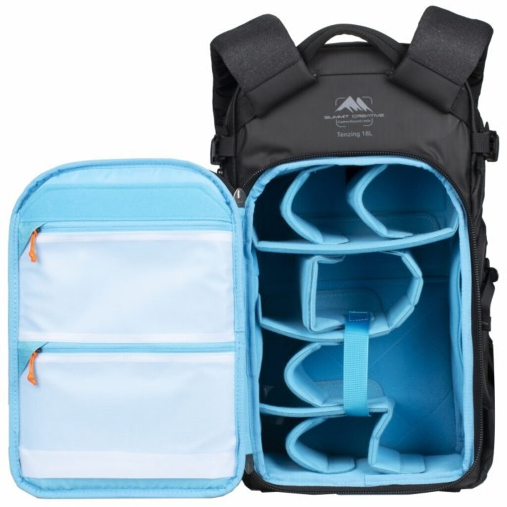 Summit-Creative Tenzing Backpack open interieur met lichtblauwe configureerbare verdelers