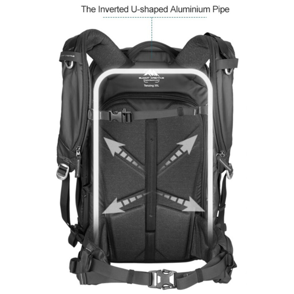 Summit-Creative Tenzing Backpack achteraanzicht met schouderbanden en volledige steunpanelen