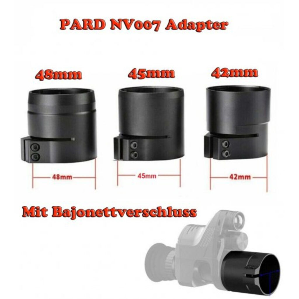 Sytong Oculairadapter 48mm vergelijking van 48/45/42 mm PARD NV007 adapters met bajonetsluiting en voorbeeldmontage