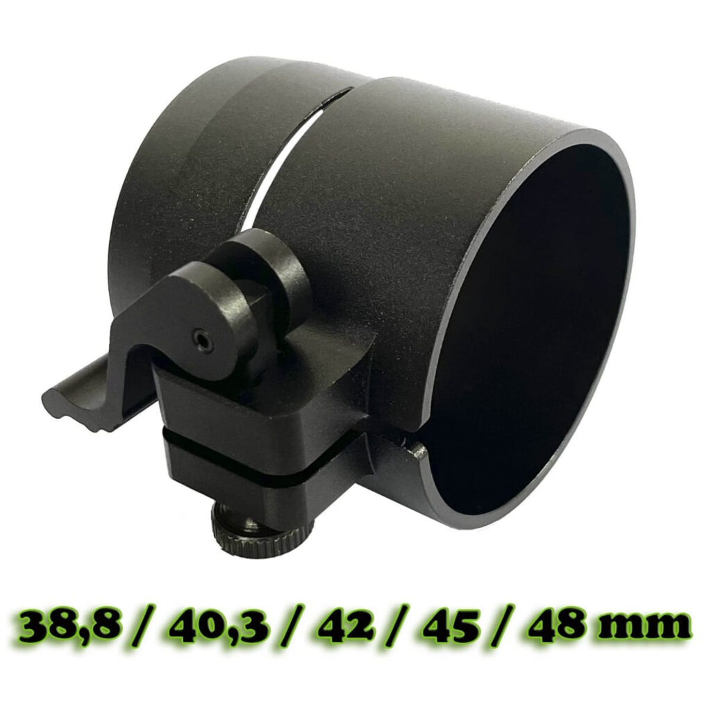 Sytong Oculairadapter detail van 45 mm adapterring met quick-hendel en maatindicaties