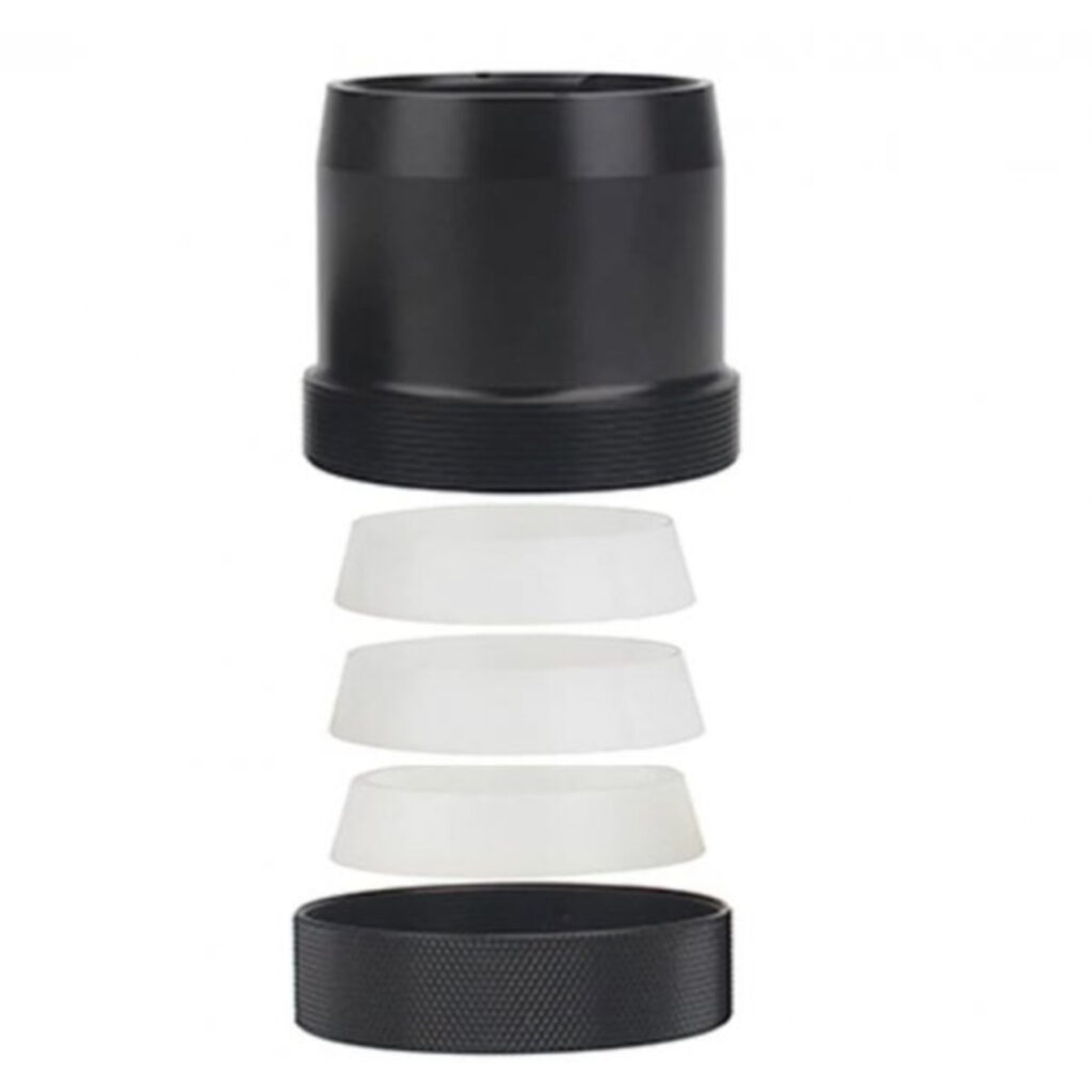 Sytong Oculairadapter explosietekening met adapter, fixatiering en meerdere tussenringen voor 35-47 mm